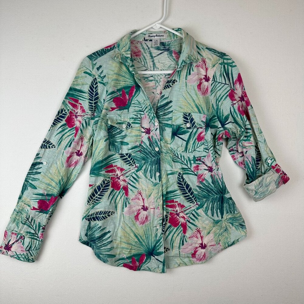 Tommy Bahama Green and Pink Floral Button Down Shirt